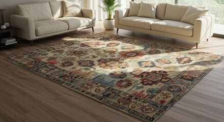 Beige and brown patterned area rug in living room