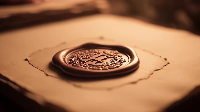 Slow push-in on intricate wax seal and aged parchment. Warm golden light creates timeless sepia rose gold romance