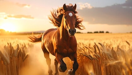 Majestic brown horse gallops gracefully through a sun-drenched golden wheat field during a warm sunset, embodying the spirit of freedom and wild energy