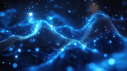 Glowing blue digital wave pattern with flowing dots and lines creating an abstract futuristic network landscape