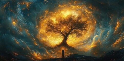 Silhouette of a person standing before a glowing tree engulfed in swirling fiery and smoky colors in a mystical and awe-inspiring atmosphere