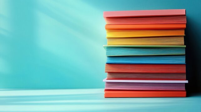 stack of colorful notebooks and books on a turquoise surface bathed in soft sunlight, neat vertical pile conveying calm cheerful organized mood