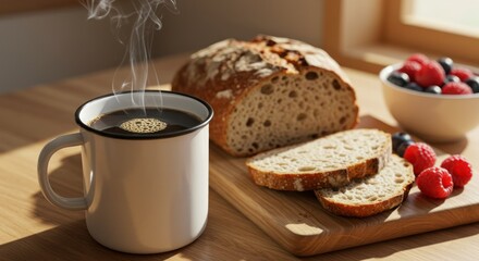 Breakfast scene with coffee bread and berries