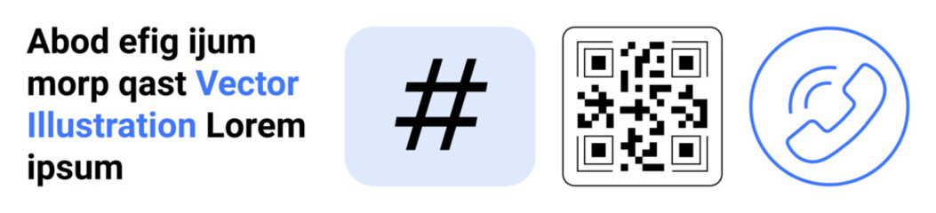 Obraz premium Black metadata tag in square, QR code block, blue phone icon in circle. Ideal for technology, communication, marketing, networking, social media, branding simple landing page