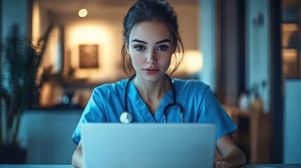 Healthcare worker in blue scrubs with stethoscope using laptop at a dimly lit desk, focused and calm during an evening shift