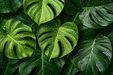 Fresh tropical green Monstera leaves background with water rain drops  © designfashion