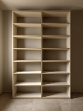 A modern, empty bookshelf stands against a minimalist wall in a well-lit room, perfect for showcasing decor or books.