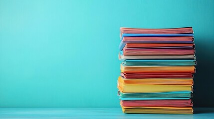 stack of colorful notebooks and folders on a turquoise wooden surface with a blank teal background conveying a bright cheerful organized mood