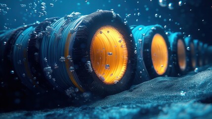 Close-up view of underwater submerged tires with orange inner rims surrounded by air bubbles on sandy ocean floor