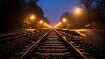 Fototapeta premium Railway tracks at dusk with street lamps.