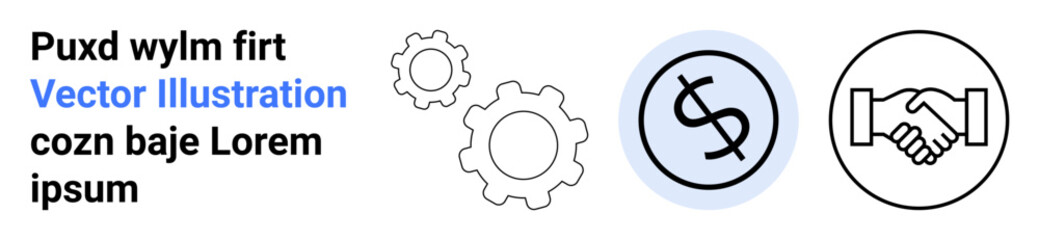 Business strategy, partnership building, financial management, innovation process, teamwork, technical solutions. Gear icons, dollar sign handshake graphic. Business strategy and partnership