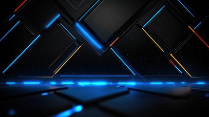 futuristic dark geometric interior with glowing blue and orange neon lines, glossy panels, triangular diamond shapes and a sleek mysterious high-tech atmosphere
