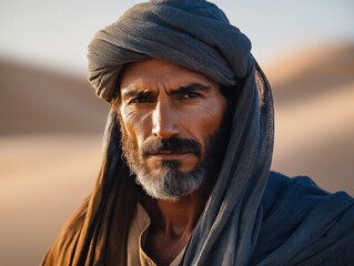 Man in layered turban and flowing robe standing in warm desert dunes at golden hour, contemplative and serene