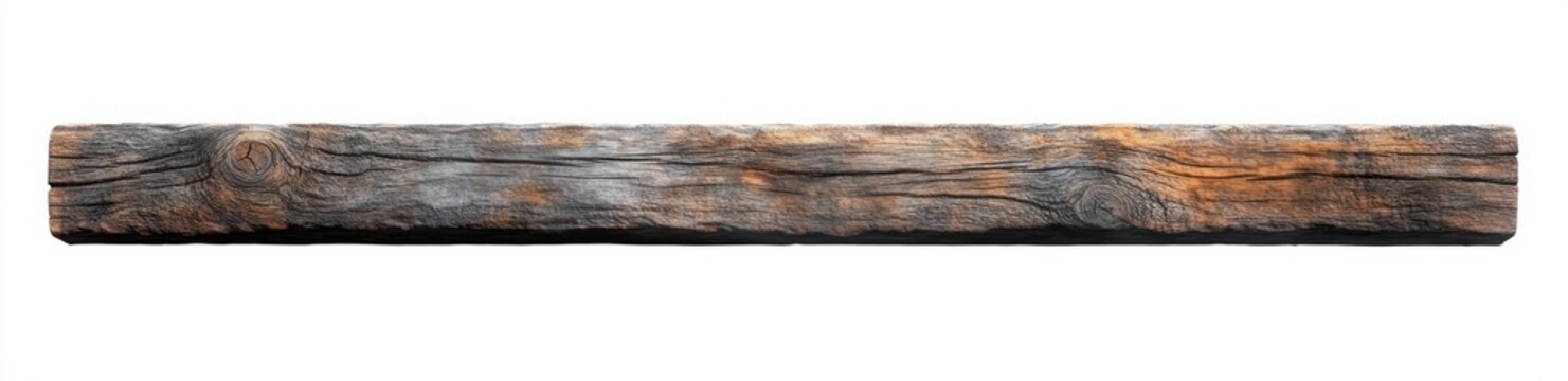 long weathered wooden beam with knots and textured grain isolated on white background conveying rustic aged character