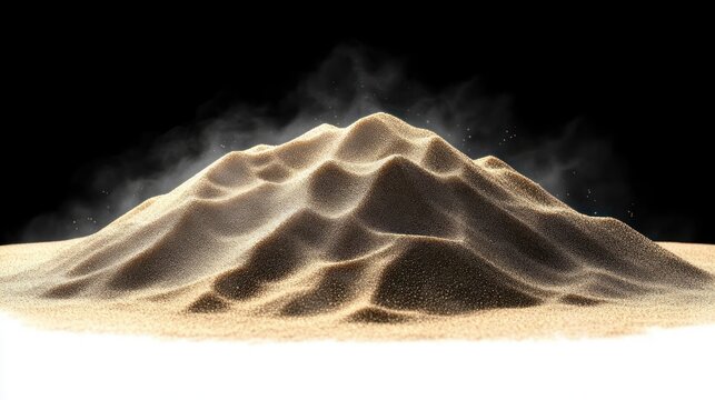 Golden mound of fine sand grains forming soft dune contours with rising dust mist on a stark black background, shimmering granular texture and a serene, mesmerizing atmosphere