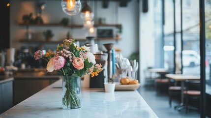 A cafe interior with fresh flowers