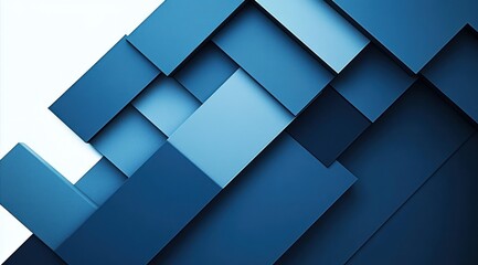 Abstract modern geometric composition with overlapping blue rectangles creating depth and dimension on a clean white background