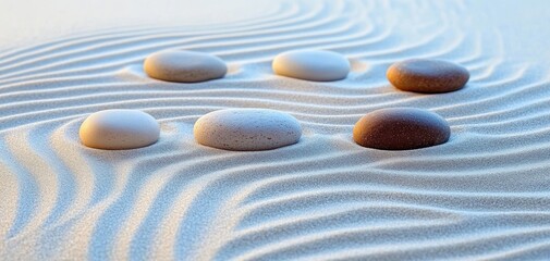 Six smooth rounded stones of varying shades arranged on fine rippled sand, evoking a sense of calm and balance