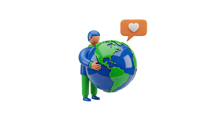 3D Character Hugging Earth with Heart Notification Icon