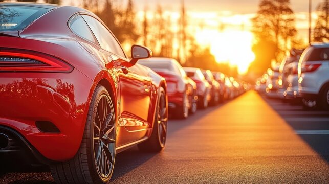 red sports car parked among multiple vehicles under warm golden sunset light creating reflections and long shadows on an asphalt parking lot - Powered by Adobe