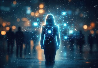 Silhouette of a woman surrounded by glowing digital network nodes and holographic data squares standing alone on a wet city street with blurred crowd and bokeh lights, evoking mystery and empowerment