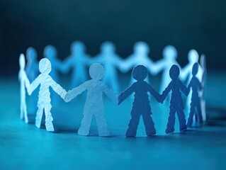 paper chain of human cutouts holding hands in a circle on blue background conveying unity support and togetherness