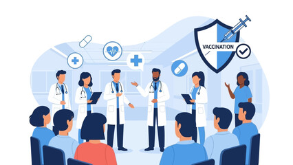 Medical professionals educating a group of people about vaccination and health.