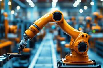 Orange industrial robotic arm with gripper working on an automated assembly line in a modern factory, conveying focused precision and industrial efficiency