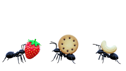 Ants carrying food items: strawberry, cookie, and cashew
