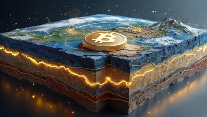 A digital rendering of a cross-section of Earth with a Bitcoin on top