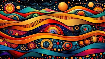 Vibrant abstract cosmic landscape of layered wavy ribbons, sun and planet-like circles, stars, decorative geometric dots and ornaments conveying joyful whimsical energy