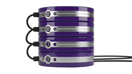Stack of purple external hard drives with silver accents and cables