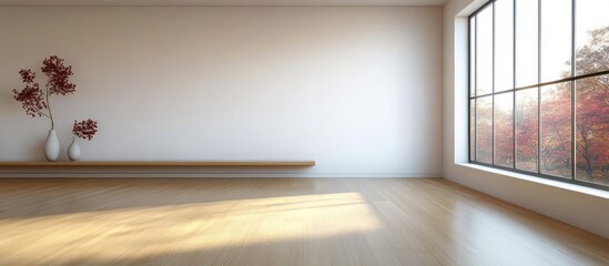 Empty bright room with large window, wooden floor, white walls, minimal floating wooden shelf, and two white vases holding red branches, autumn trees visible outside