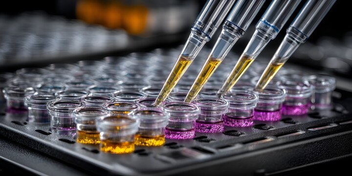Multiple pipette tips dispensing colored liquid into wells of a microplate for pharmaceutical or scientific research in a laboratory setting.