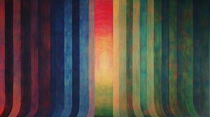Vertical curved multicolored stripes with central glowing warm orb and textured brushstroke surface evoking a calm, meditative atmosphere