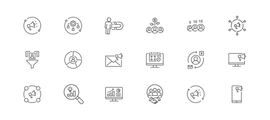 Marketing Activities icon set containing workflow, lead generation, lead nurturing, lead scoring, marketing channel, customer data collection, segmentation, email marketing, vector icons