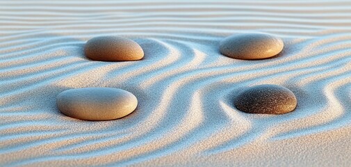 Four smooth stones placed on fine sand with wavy ripple patterns creating a calm and balanced zen garden composition under soft natural light