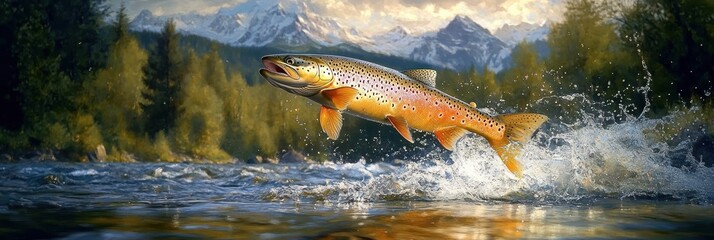 Golden brown trout leaping from a mountain river with a splash, framed by evergreen forest and snow-capped peaks in warm golden light, energetic and triumphant