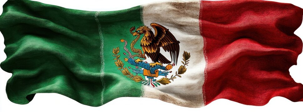 Waving green, white, and red tricolor flag with central eagle clutching a snake on a cactus, laurel and oak branches, textured fabric evoking pride and majesty