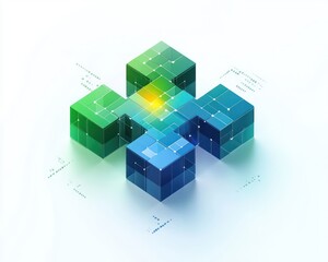 Obraz premium floating glossy modular cubes in green and blue arranged in a cross with a glowing yellow center, connected by circuit lines and data nodes, futuristic optimistic feel