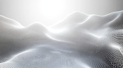 serene futuristic undulating digital landscape of glowing white particle dots forming a smooth dotted mesh and rolling abstract hills with soft ambient light