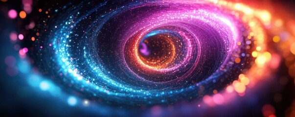 Vibrant swirling tunnel of colorful glowing particles with bright blue, purple, orange, and pink hues creating a dynamic abstract light vortex