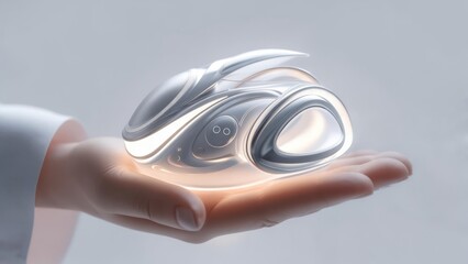 A futuristic, smooth object rests in a hand