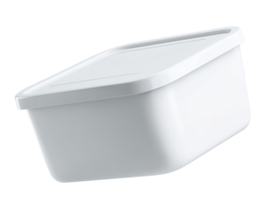 A modern, white food storage container floating gracefully against a clean, minimal background, perfect for kitchen organization.