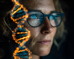 A woman wea glasses contemplates a glowing digital DNA strand overlaid against her face in a concept of science and future technology.