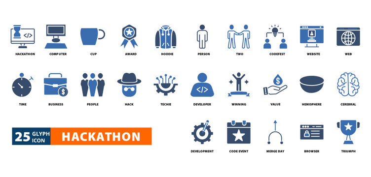 hackathon icon set with hackathon, computer,
cup, award, hoodie, person, two, code fest, website, web, time, business, people, hack, techie, developer, winning, value, hemisphere, cerebral, 