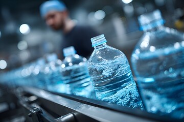 Bottled water moving along a conveyor belt in a factory setting with a worker overseeing the production process with precision and quality control.