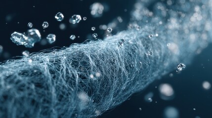 Medium shot of nanofiber membrane filtering particles from water highlighting advanced pore structure for enhanced purification in modern filtration systems.