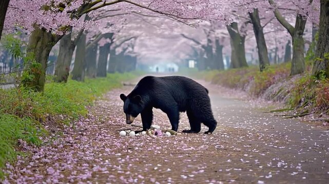 Majestic black bear roaming serene cherry blossom lined pathway
