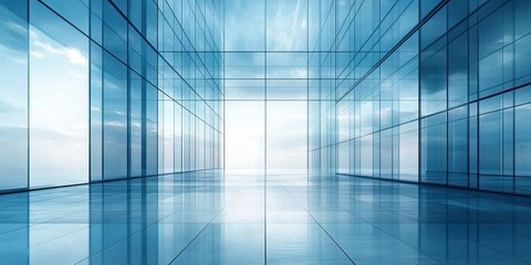 Fototapeta premium empty modern glass corridor with reflective polished floor and sky reflections, symmetrical open passageway leading to bright horizon, calm futuristic atmosphere